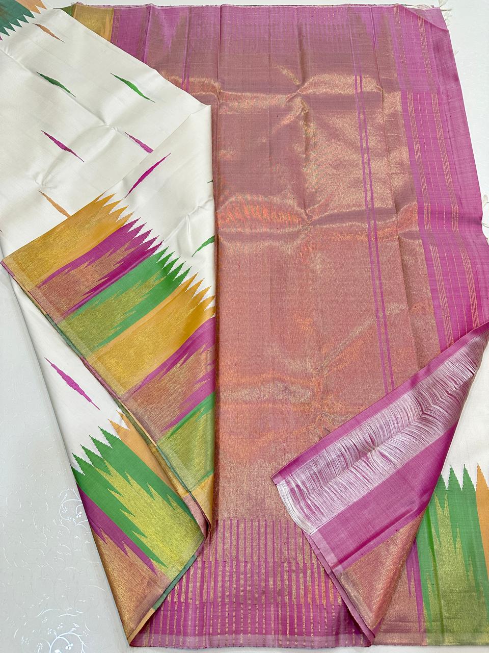 Off-White Kanchipuram Handloom Bridal Silk Saree -